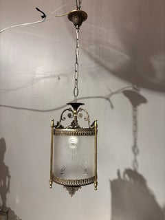 Pair of Italian Art Deco Brass and Etched Glass Hanging Lanterns, circa 1930