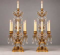Pair of French 19th Century Gilt Bronze and Crystal Girandole Candelabra