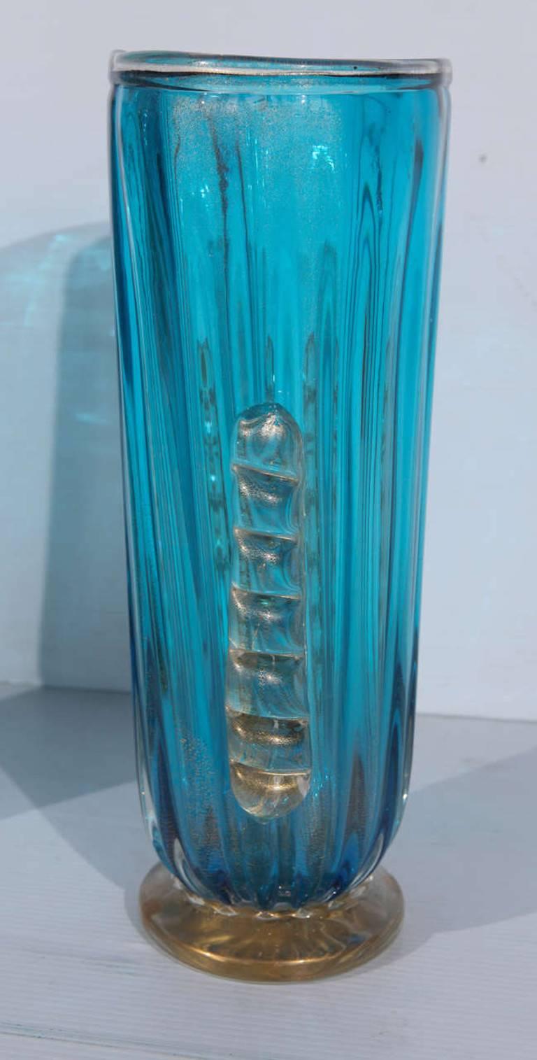 Modern Pair of Aquamarine Vases with Gold Flecks by Alberto Dona'