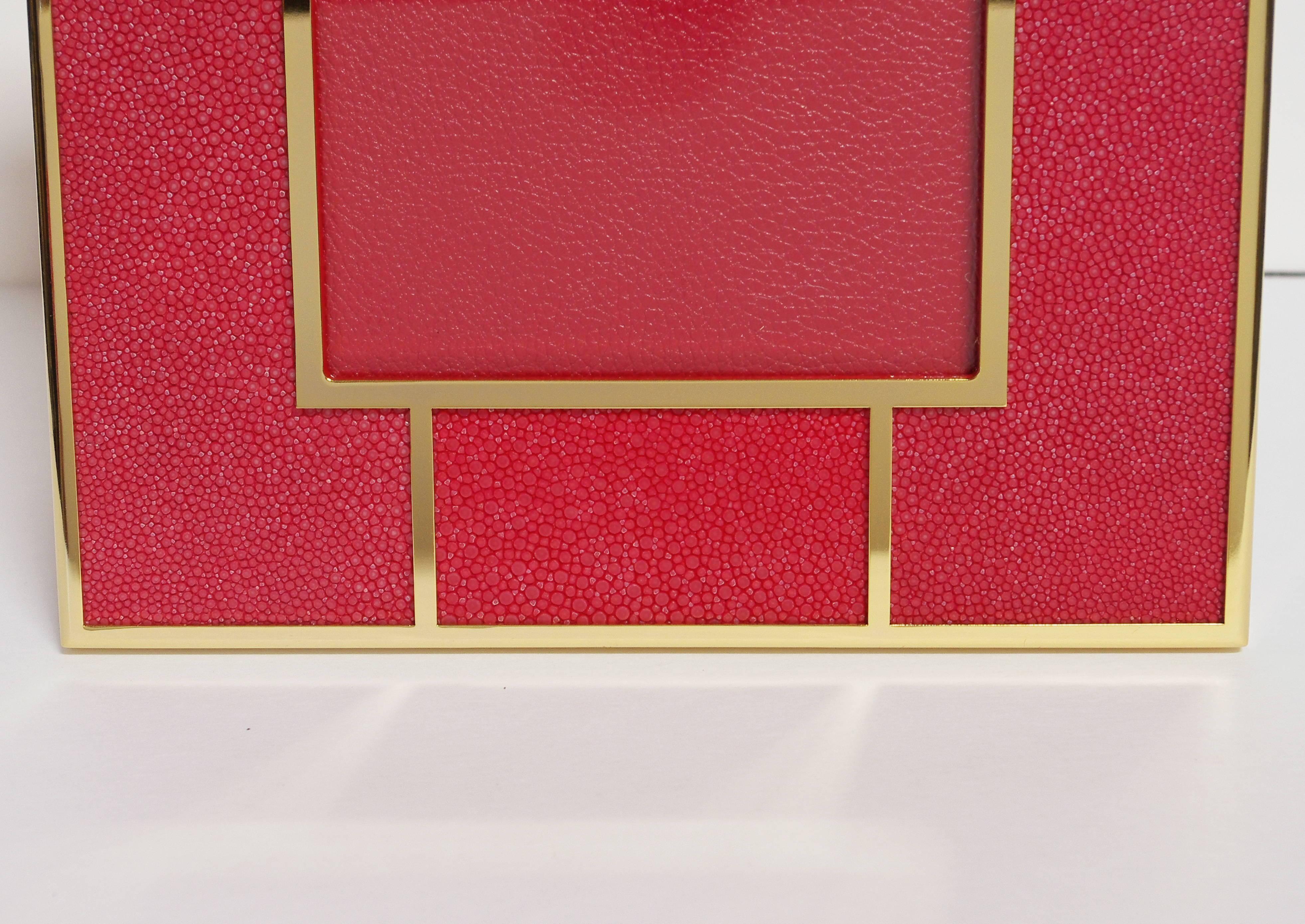 Italian Rectangular Red Shagreen Gold-Plated Photo Frame for 5