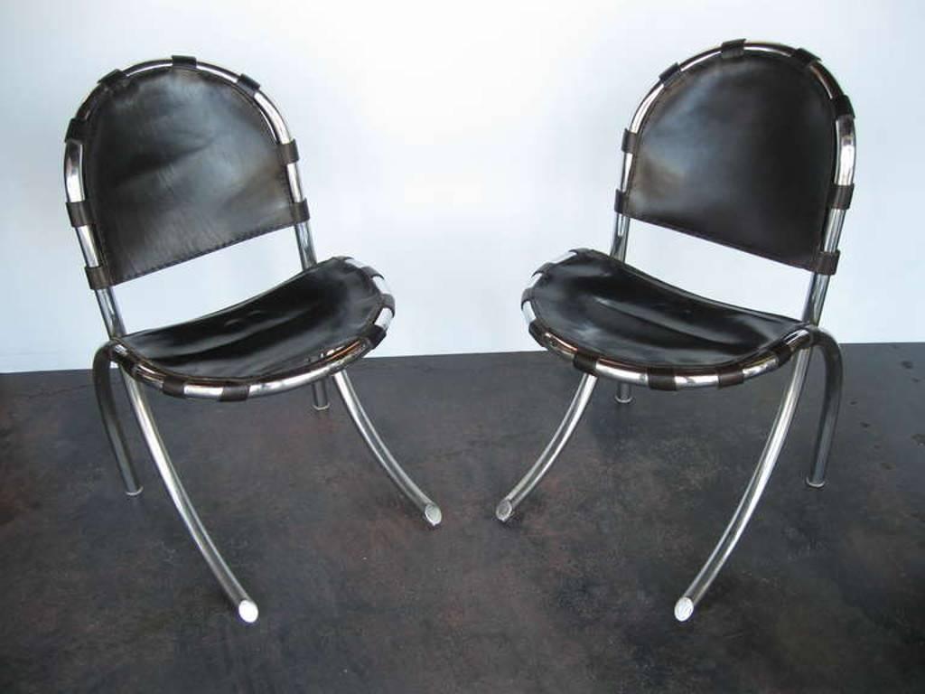Pair of Italian Mid-Century Chairs by Tetrarch Bazzani International Studio, chrome and black leather.
Pair in stock in Palm Springs ON FINAL CLEARANCE SALE for $1,199 for the pair !!!
DIMENSIONS : 31
