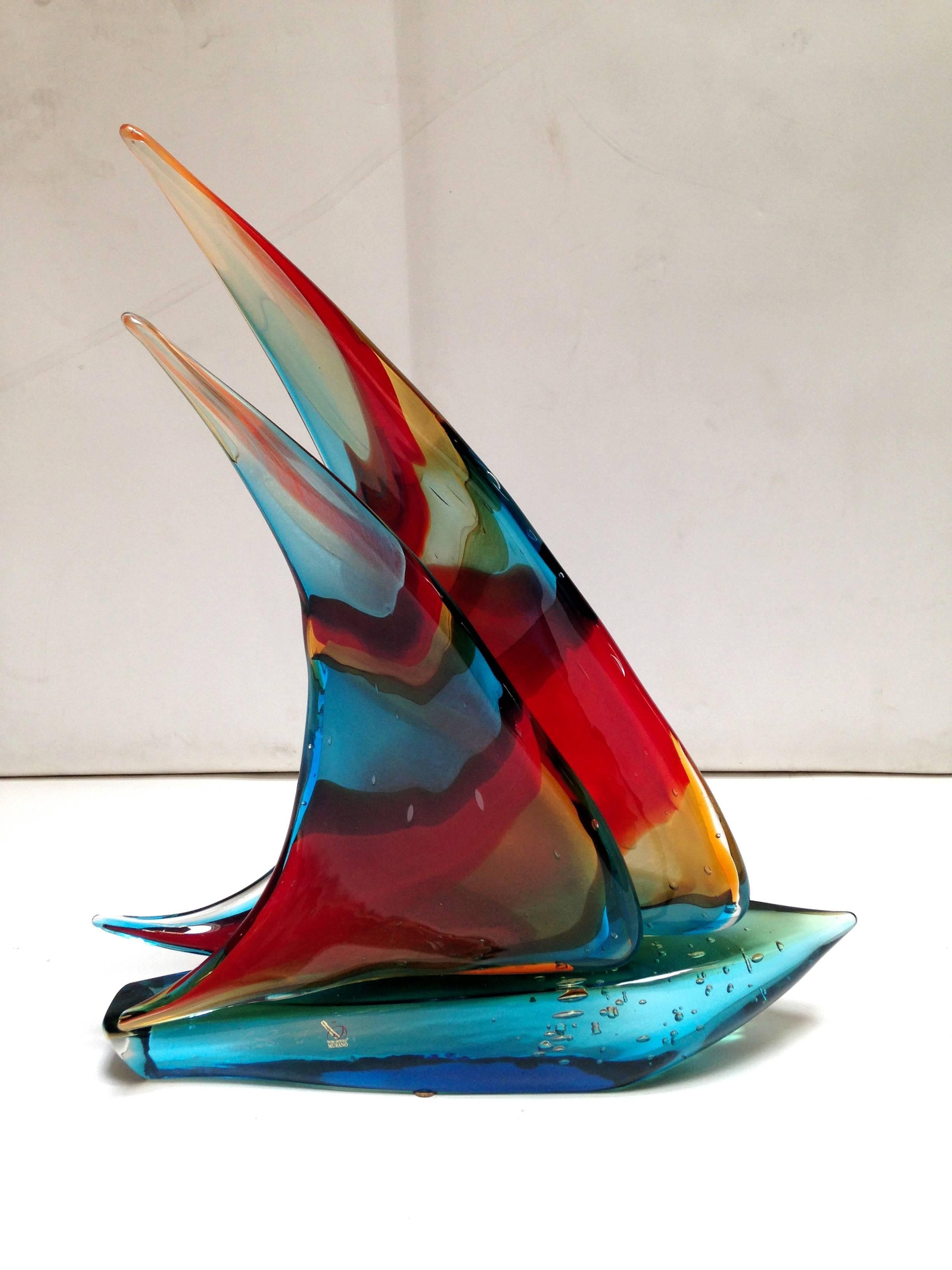 Original vintage Murano glass double sail sailboat by Sergio Costantini
Made in Italy in the 1960s
Signed on the base
