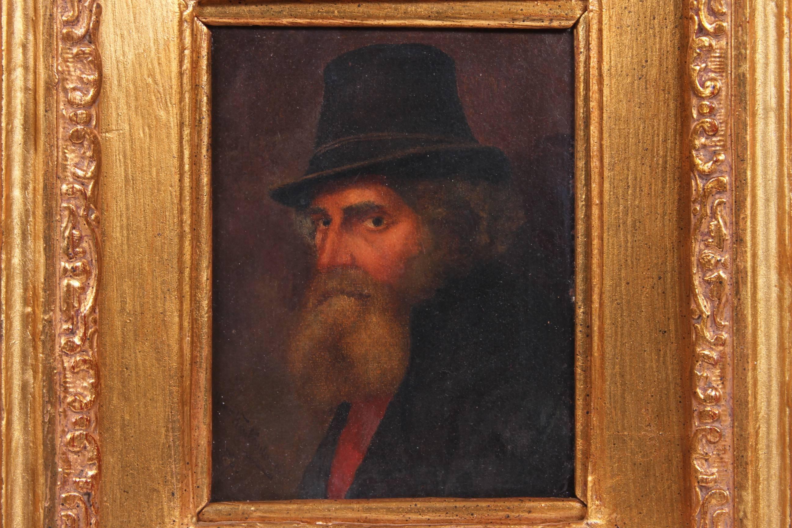 Oil on panel depicting a bearded gentleman in top hat. Signed lower left. Ornate wood and gesso gilded frame. Overall dimensions given below, the image size is 5.75 inches high X 4.5 inches; wide.