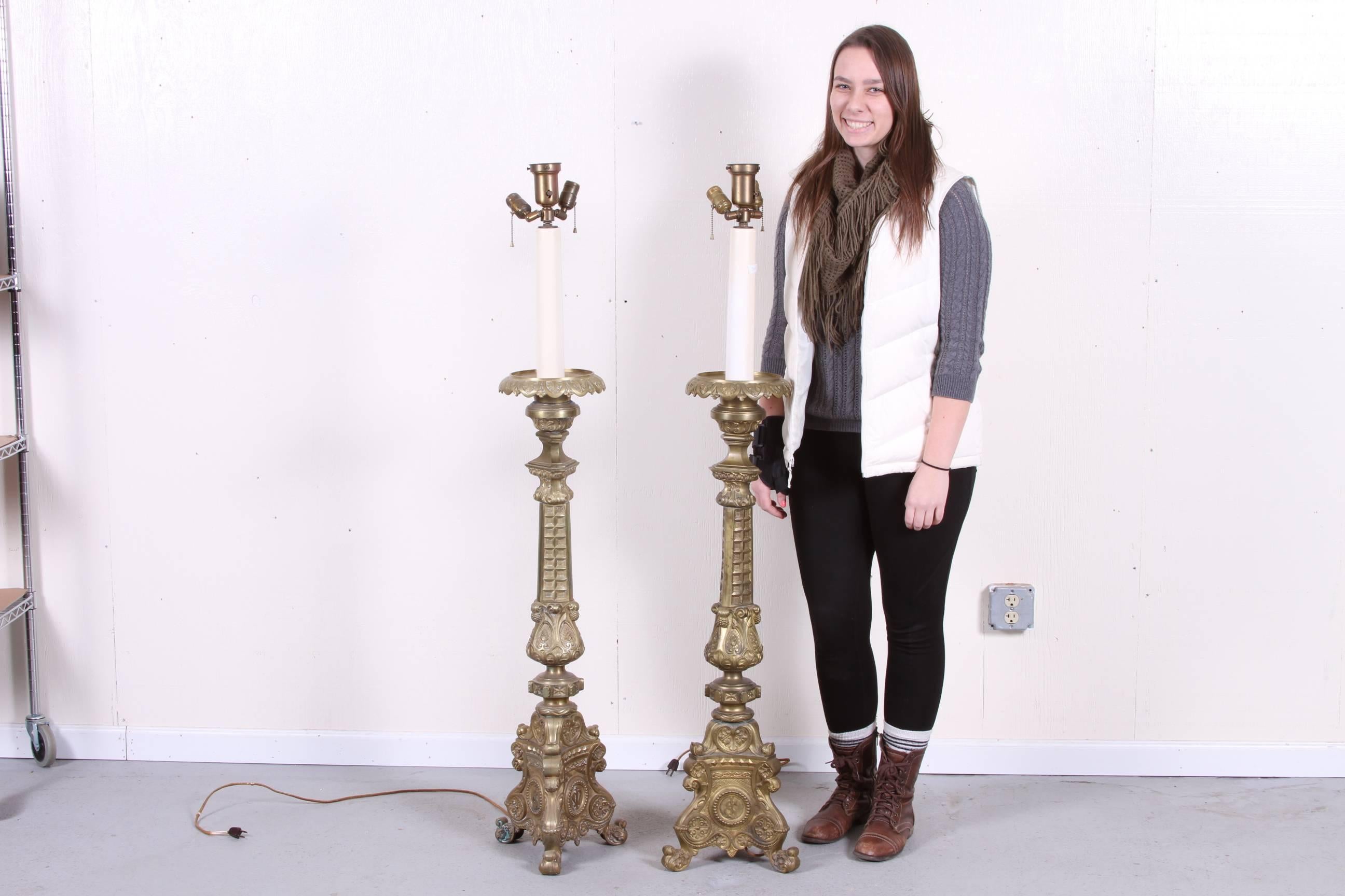 Pair of Massive Continental Altar Sticks Electrified as Torchere In Fair Condition For Sale In Bridgeport, CT