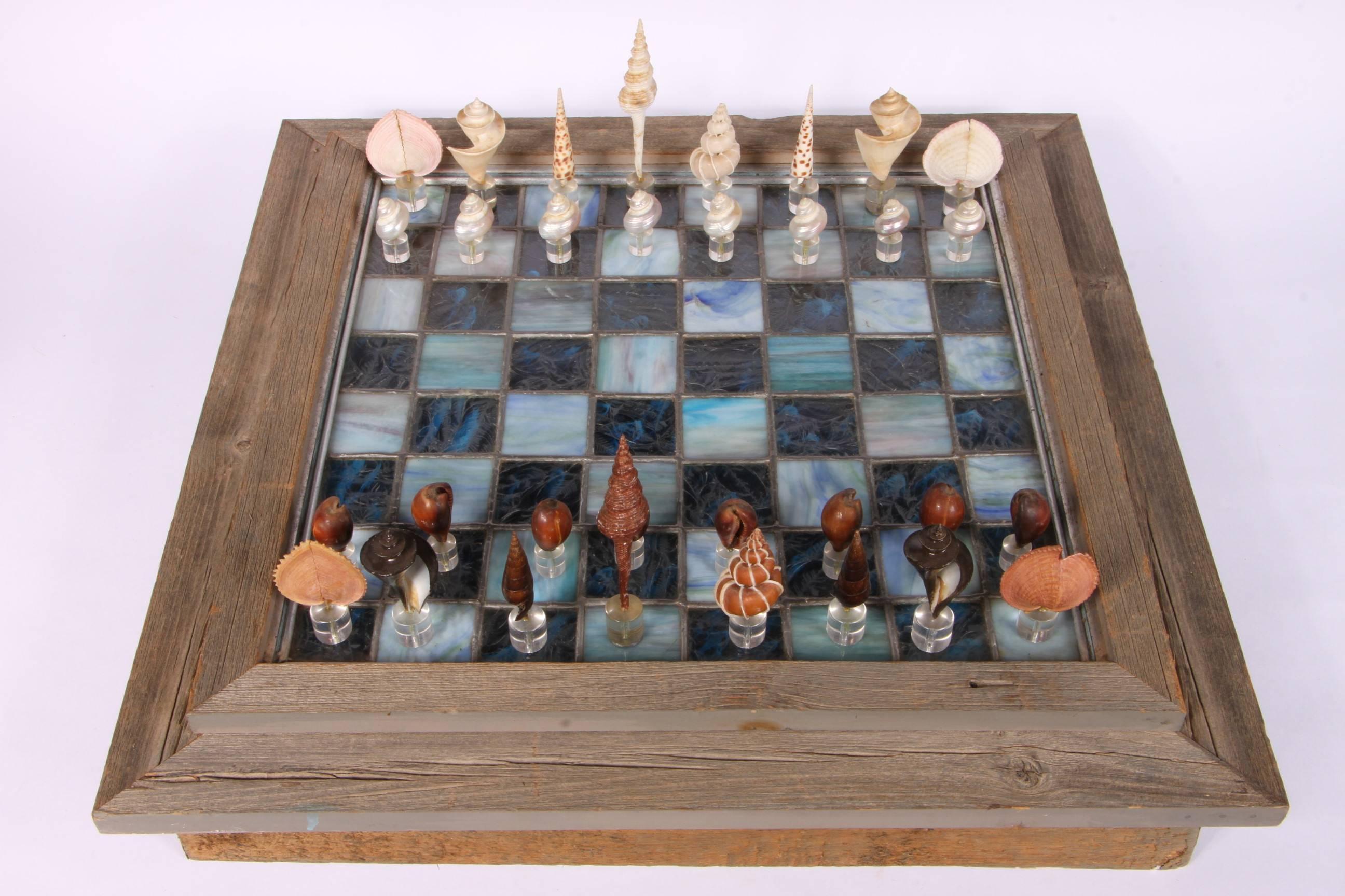 American Leaded Glass Chessboard with Shell and Lucite Playing Pieces