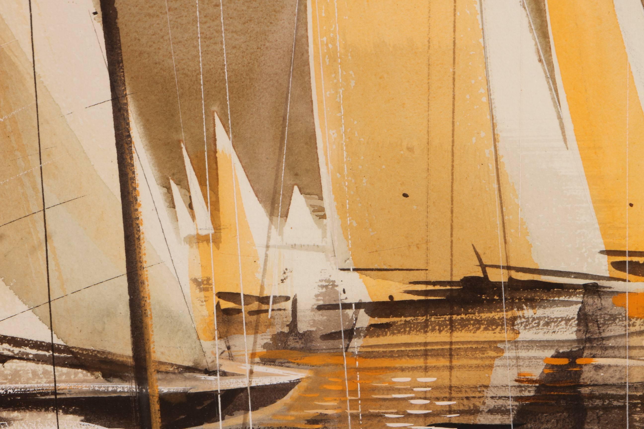 Mid-Century Modern Sailboats Watercolor and Gouache by Victor Scheckengost