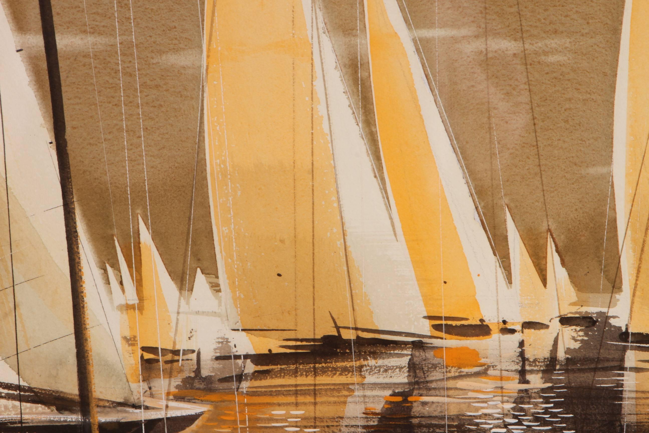 Sailboats Watercolor and Gouache by Victor Scheckengost In Excellent Condition In Bridgeport, CT