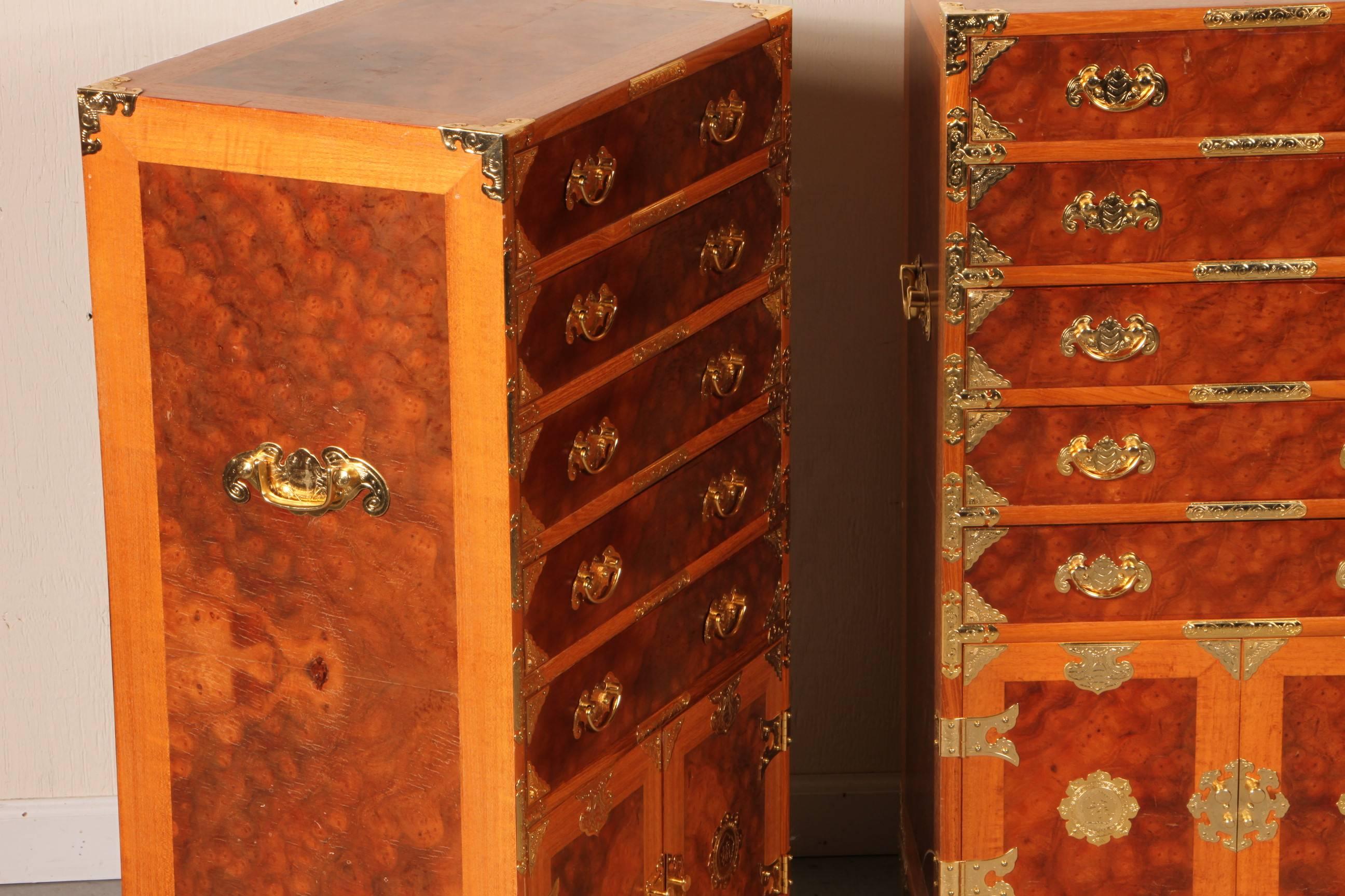 Pair of Korean Matched Silver Chests in Teak and Burl In Excellent Condition In Bridgeport, CT