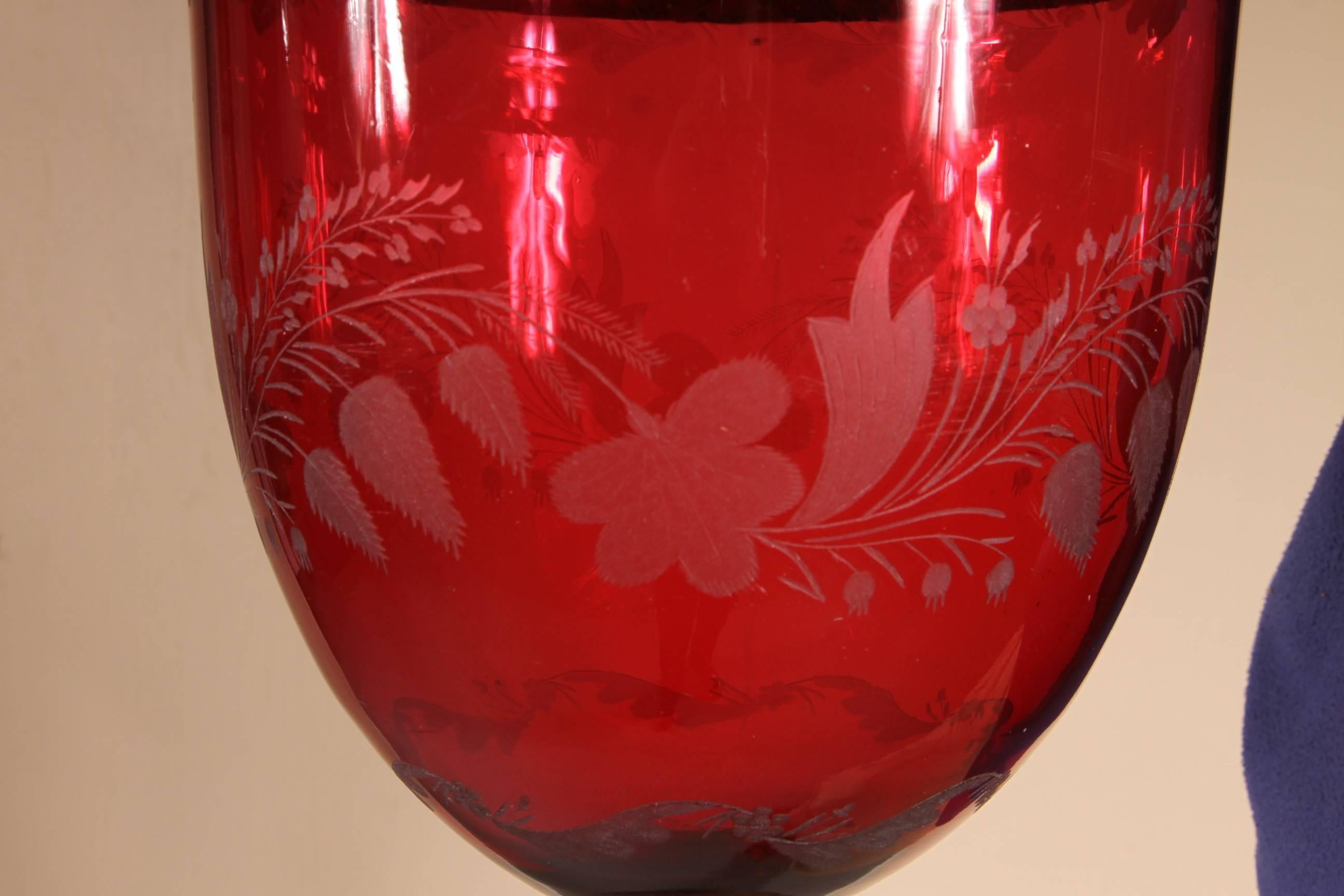 Neoclassical Fine 19th Century Cranberry Glass Candle Hurricane, circa 1840-1860