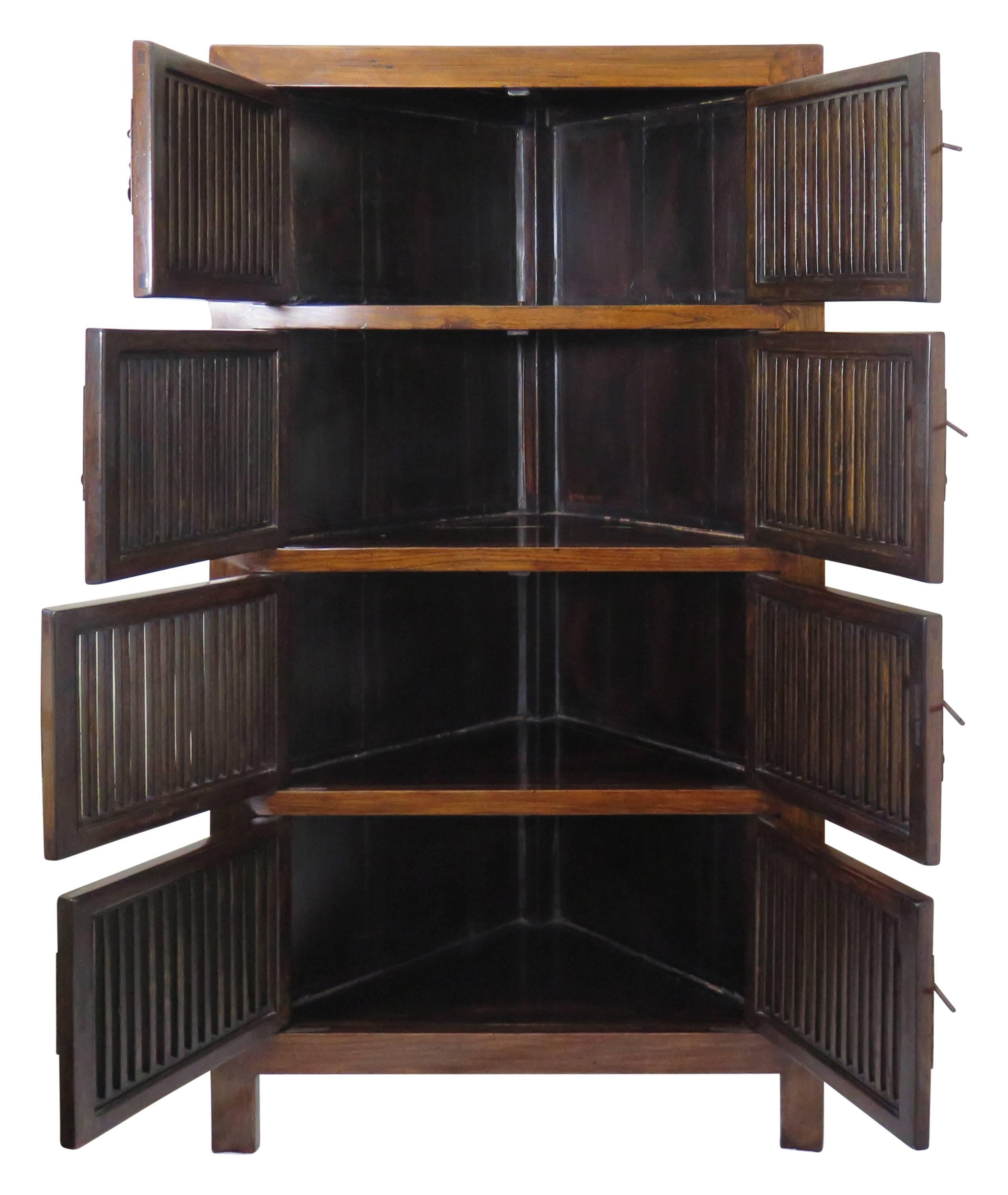 Slatted Wooden Corner Cabinet Set of Two In Good Condition In Bridgeport, CT