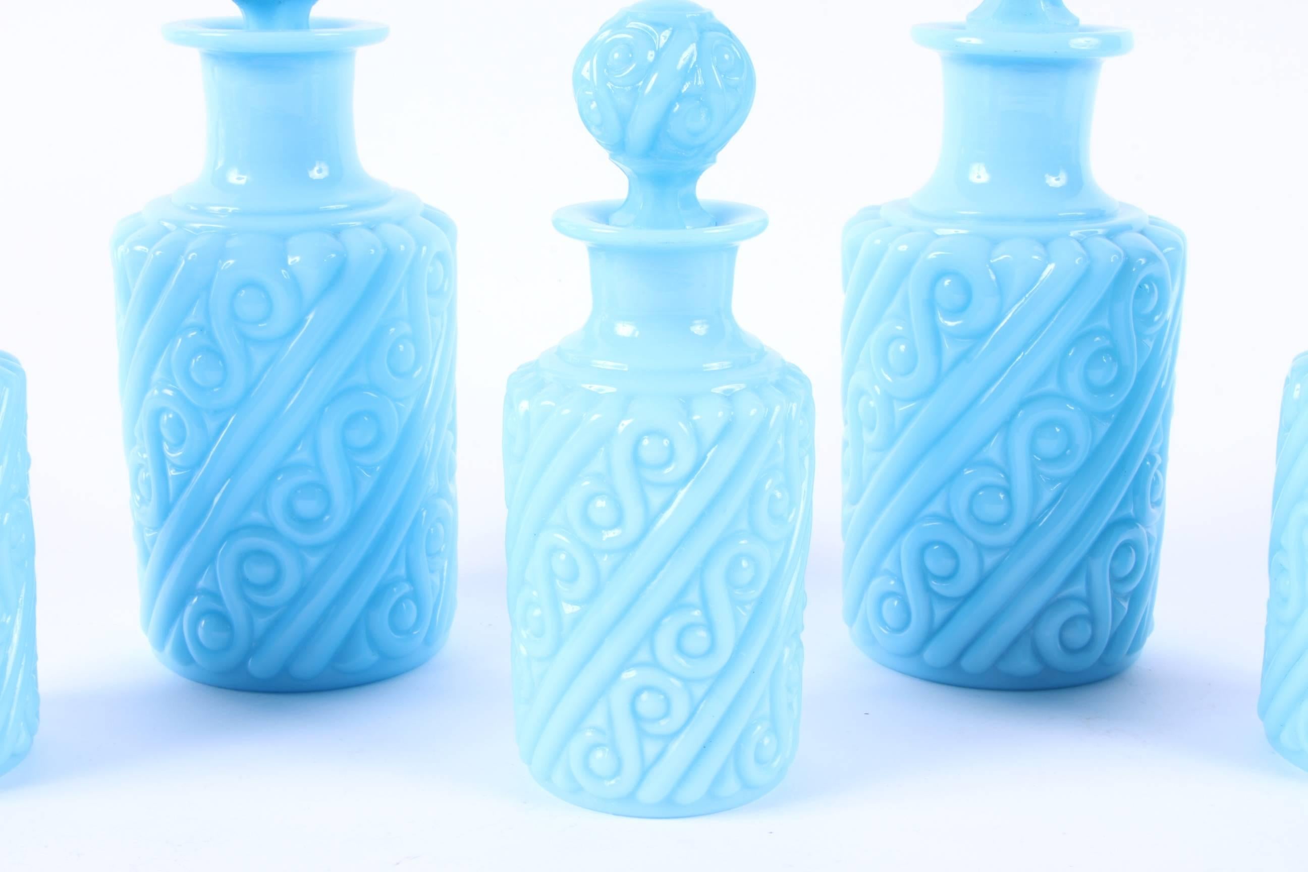 French Set of Five Portieux Vallerysthal Blue Opaline Perfume Bottles