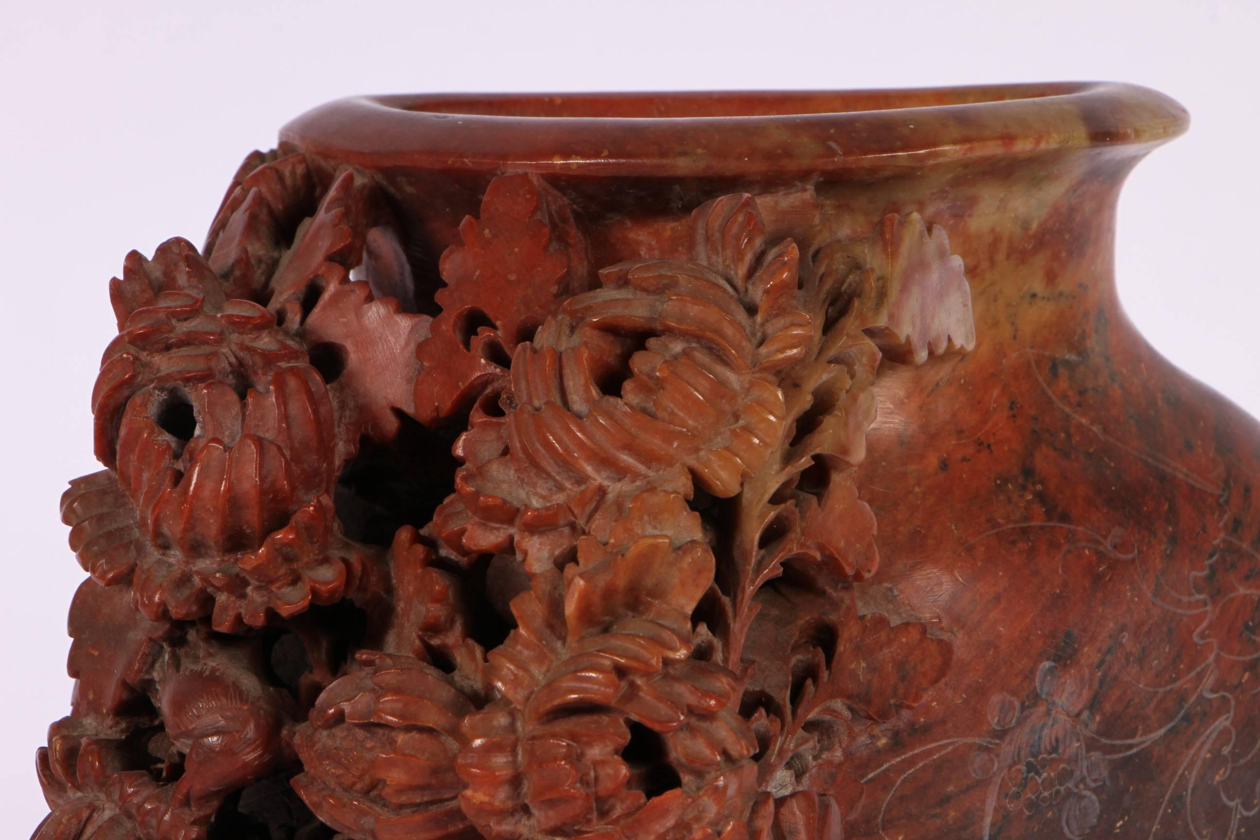 Antique Chinese Carved Red Soapstone Brush Pot In Excellent Condition In Bridgeport, CT