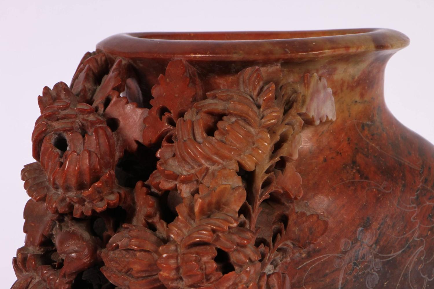 Antique Chinese Carved Red Soapstone Brush Pot at 1stdibs