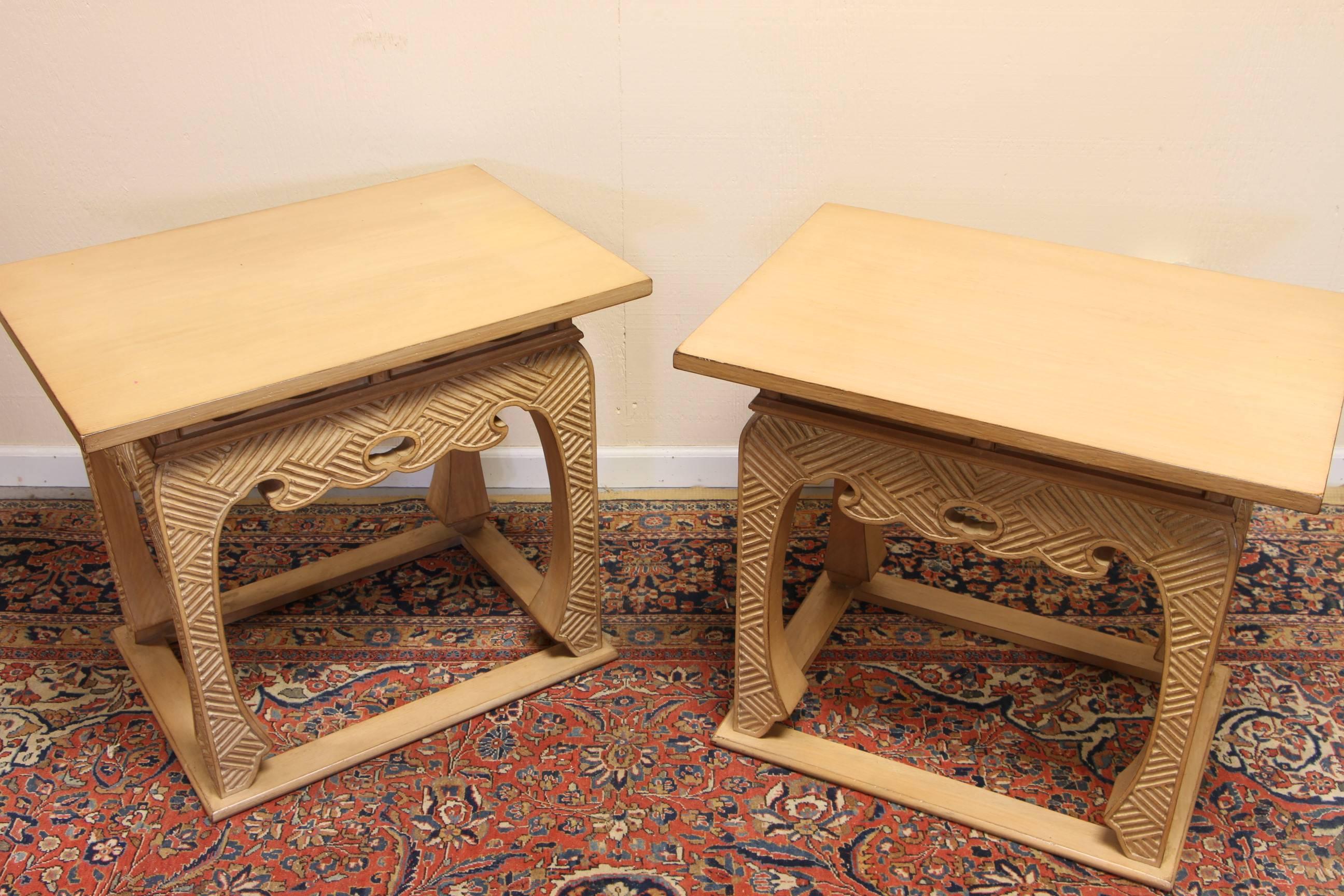 Mid-Century Pair of Carved Wood Lewis Mittman Tables In Excellent Condition In Bridgeport, CT