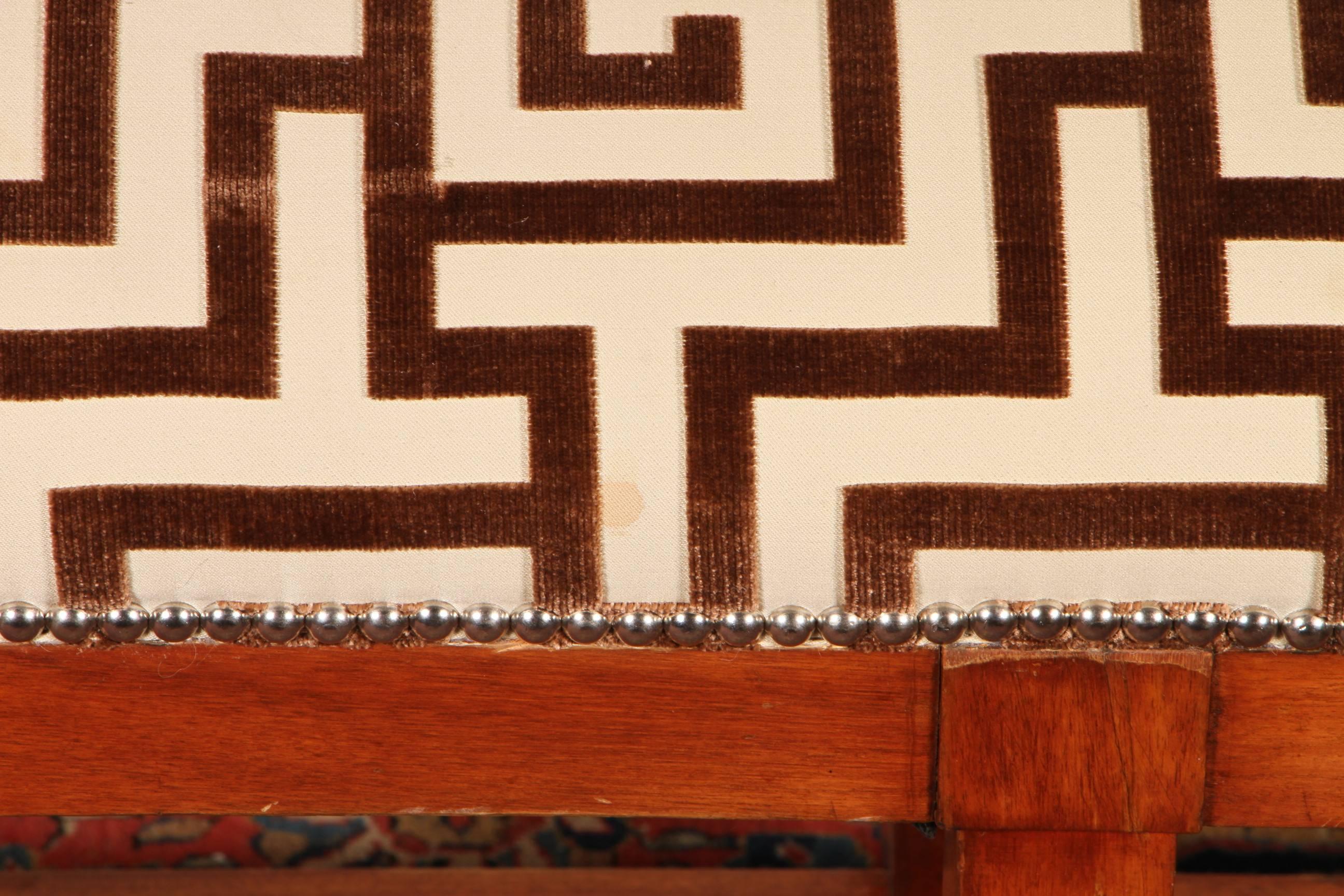 Rustic Pair of Custom Long Benches in Custom Raised Geometric Fabric