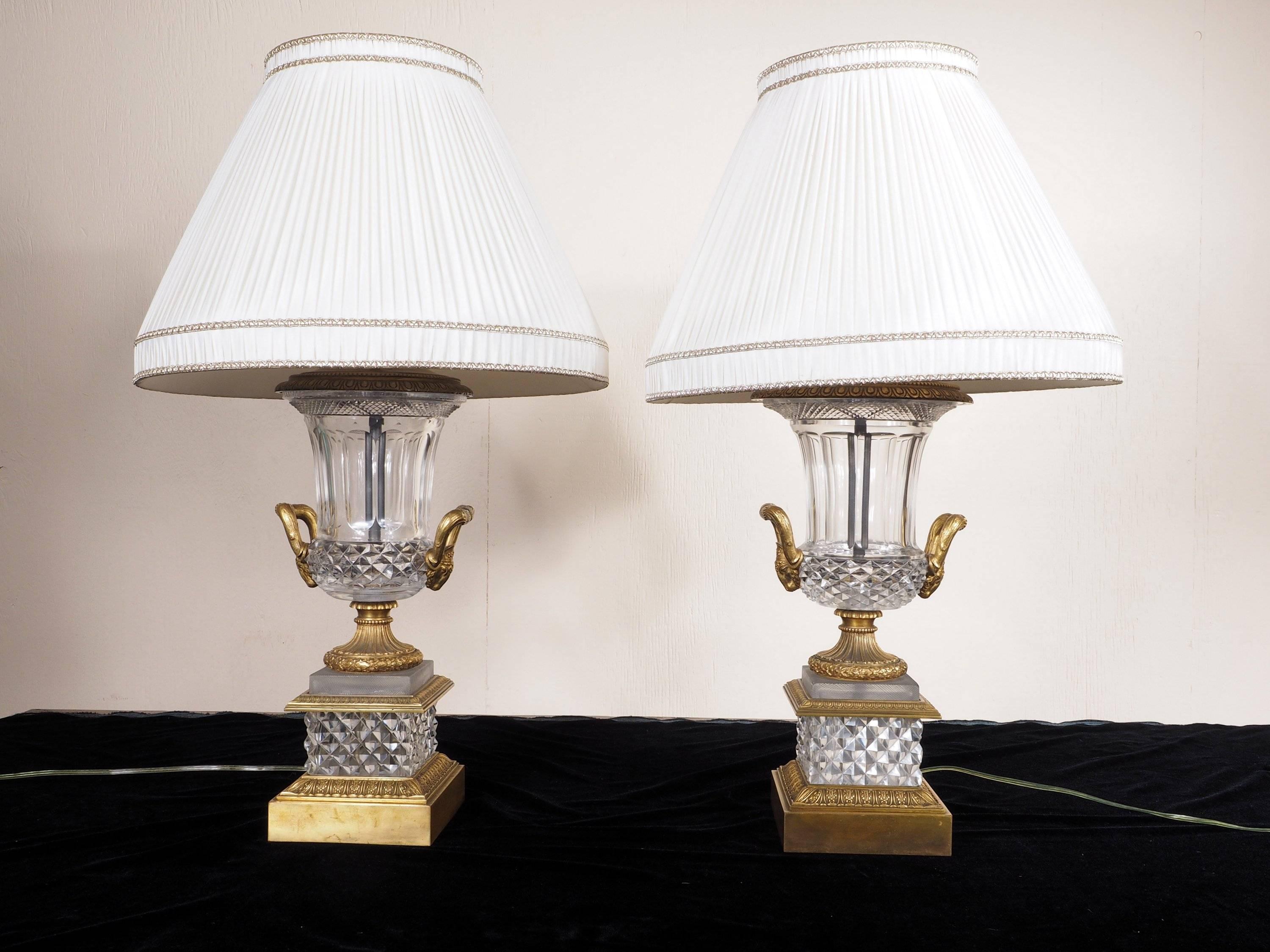  Spectacular Neoclassical Style Pair of Crystal and Bronze Urn Lamps 3