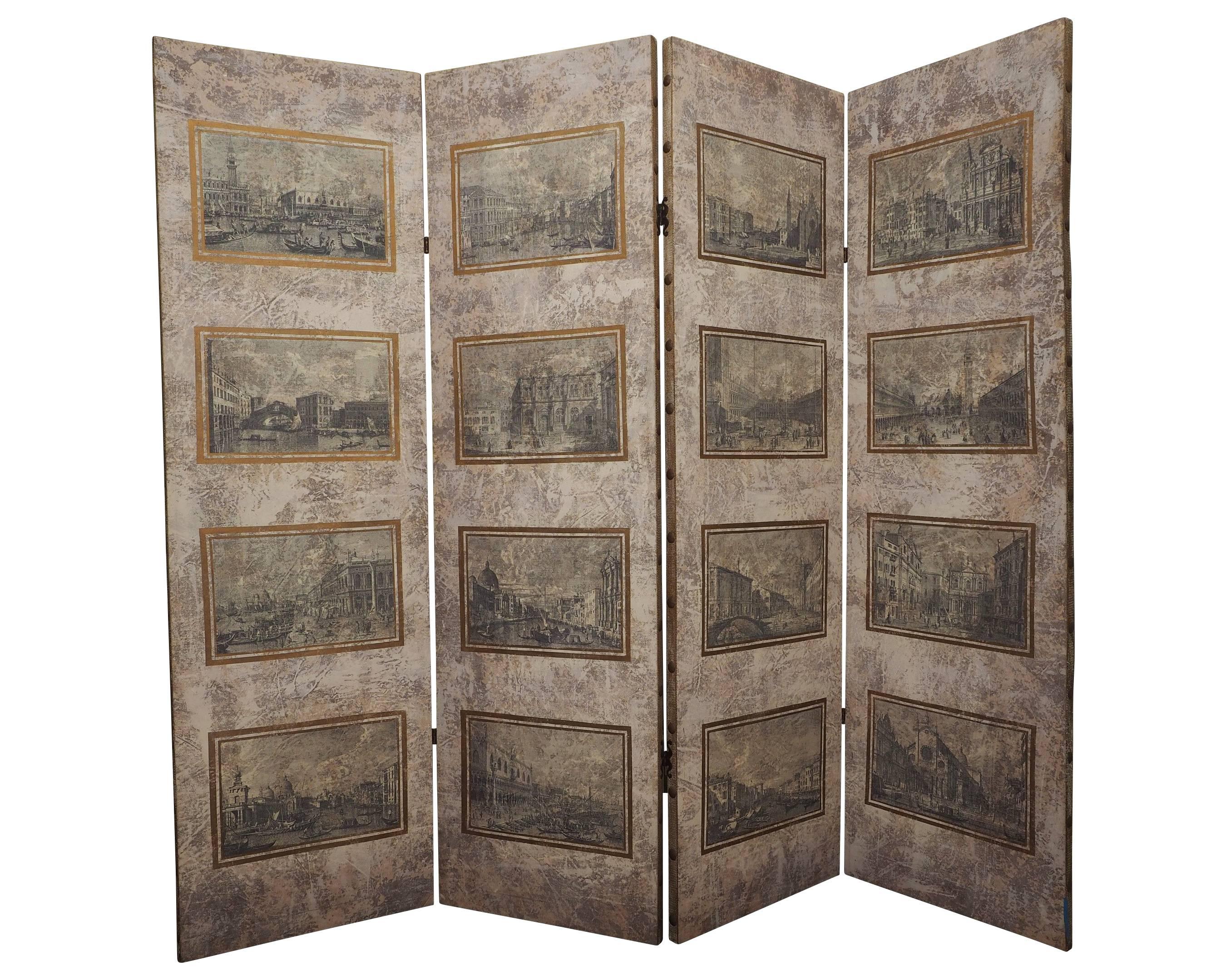 Beautiful Four-Panel Fabric Screen with Venetian Engraving Scenes