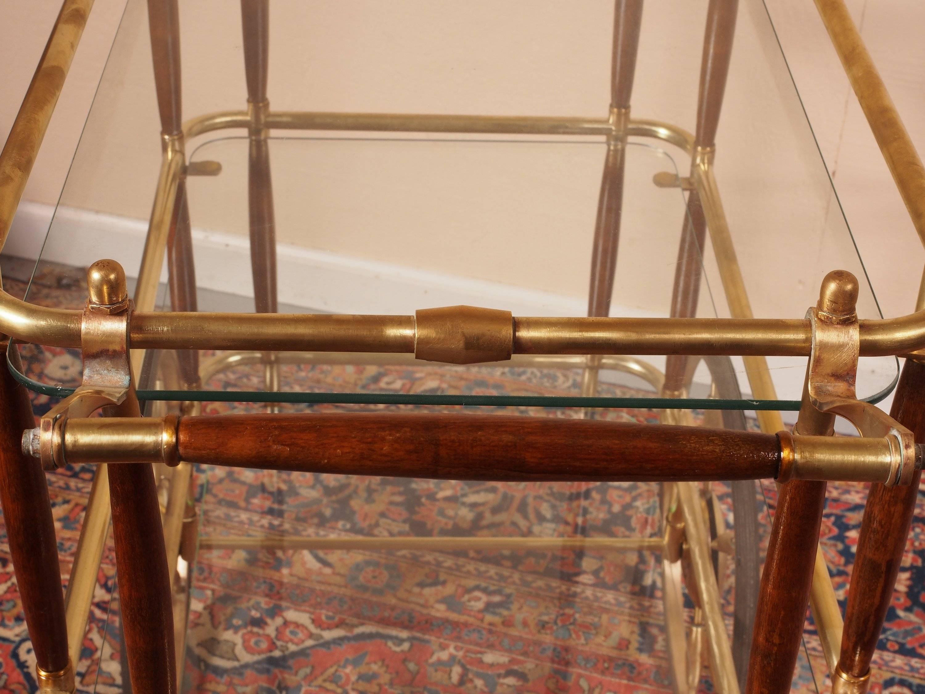 Forged Mid-Century Modern Brass and Walnut Bar Cart