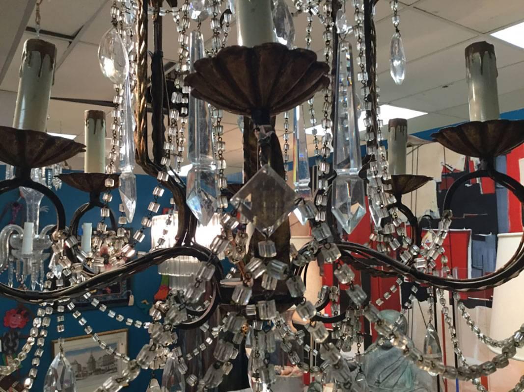 Mid-Century Six-Arm Foliate Crystal and Beaded Chandelier In Excellent Condition In Bridgeport, CT
