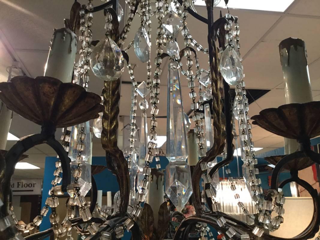 20th Century Mid-Century Six-Arm Foliate Crystal and Beaded Chandelier
