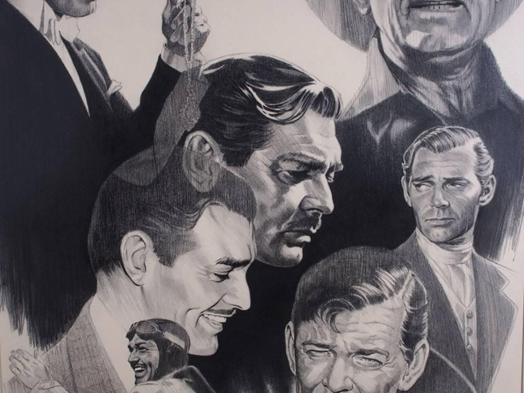 Rustic Kenneth Wenning Original Charcoal with Clark Gable Movie Profiles, Pencil Signed