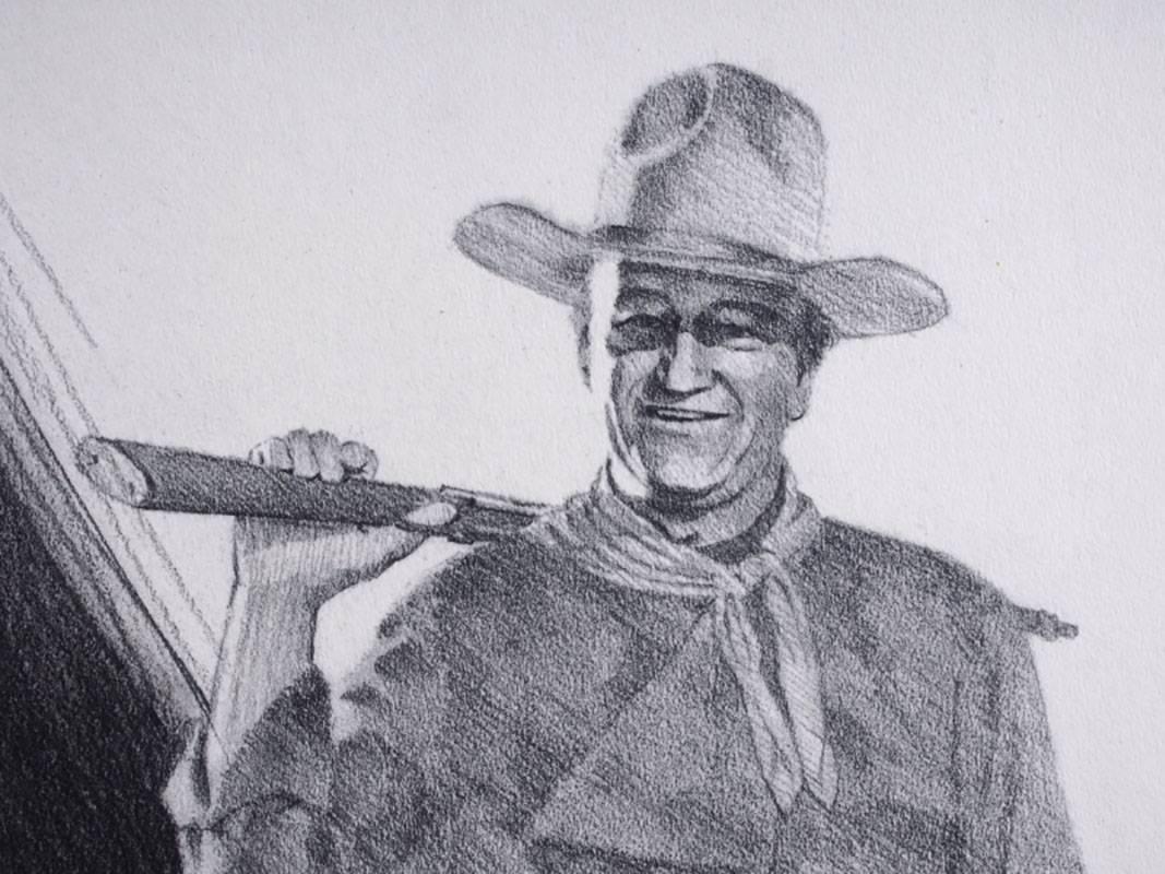Original charcoal drawing with images of John Wayne in his various movie roles, pencil signed lower right and dated 1980. Matted but unframed. Matting measures 32