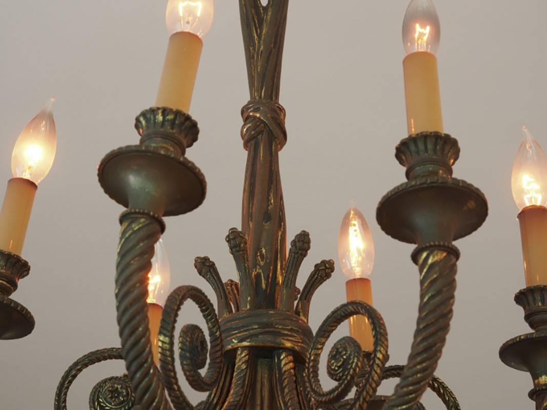 Vintage Bronze Six-Arm Chandelier In Good Condition In Bridgeport, CT