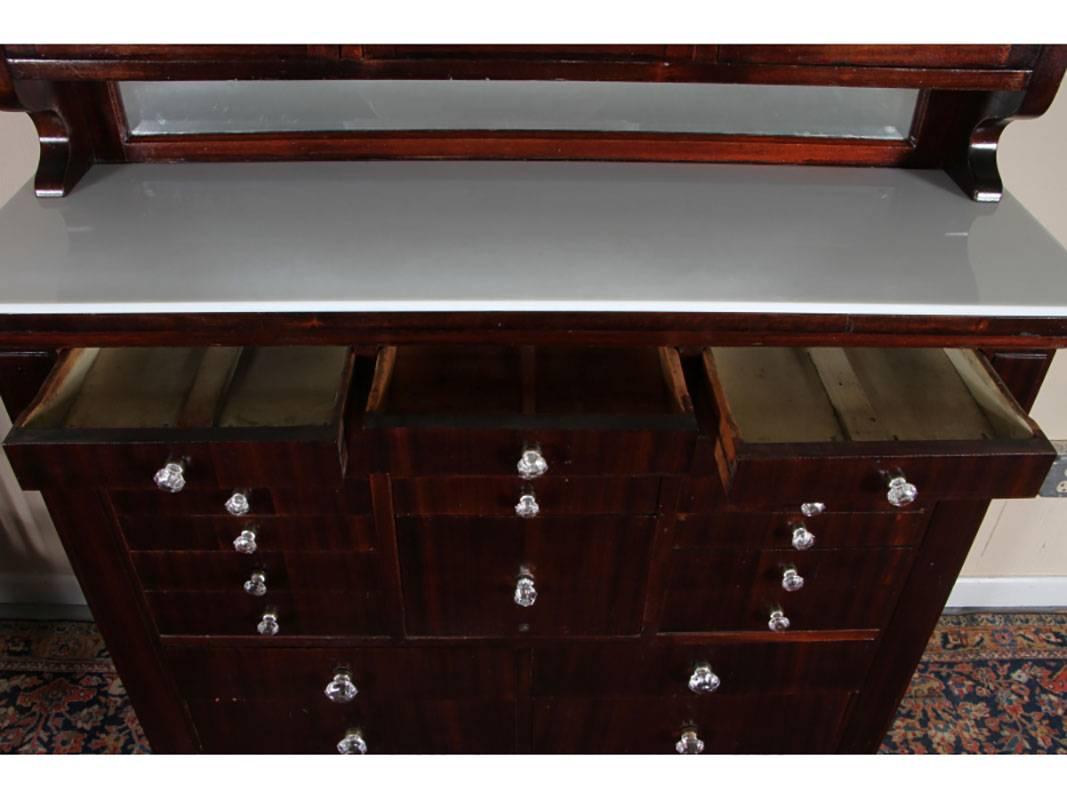 19th Century Antique Mahogany Industrial Era Work Cabinet with Opaline Glass Top