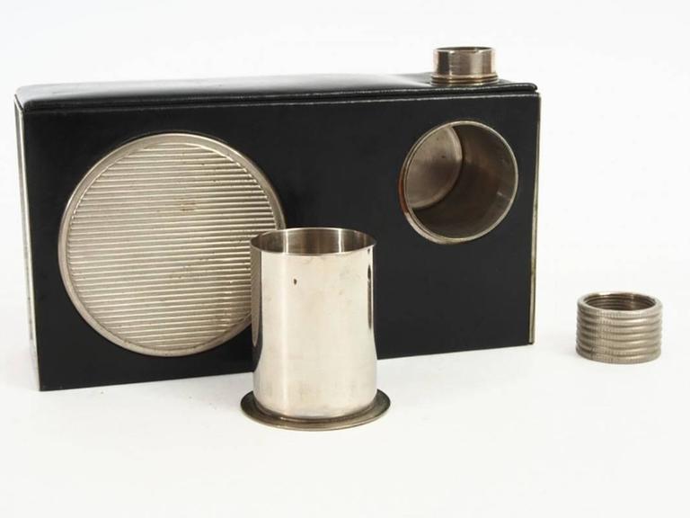 Vintage AHS Radio Form Tin Lined Leather Flask Decanter with Glass For