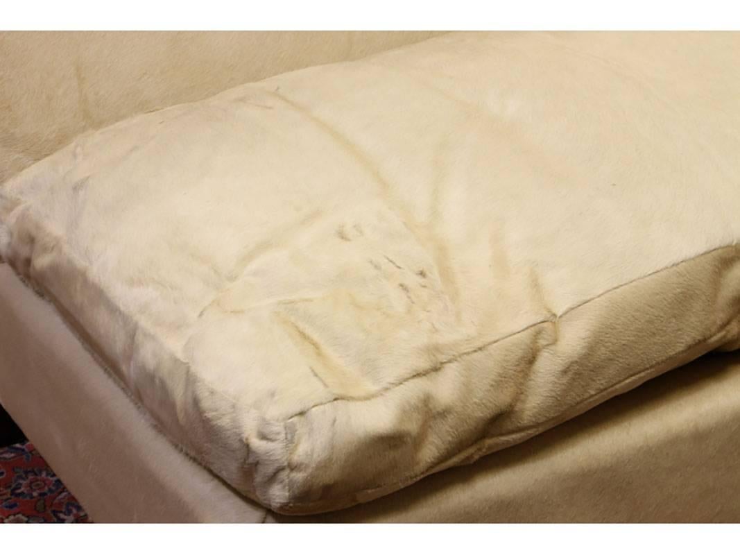 Very good condition and a great configuration with chaise section. Small hole in the stitching of corner cushion. Down-filled removable seat cushions. Seat depth is 30