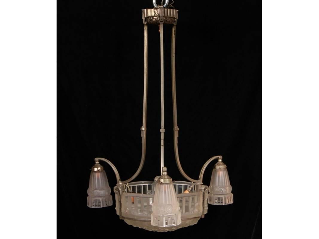 Glass French Art Deco Frosted Chandelier For Sale