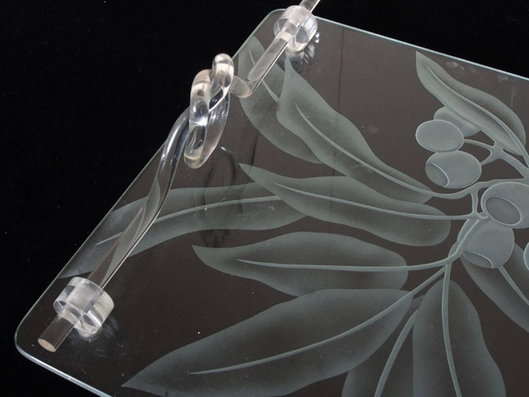 Etched Dorothy Thorpe Glass and Lucite Tray, Signed For Sale