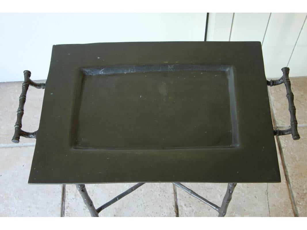 Mid-Century Modern Faux Bamboo Bronze Side Table with Tray