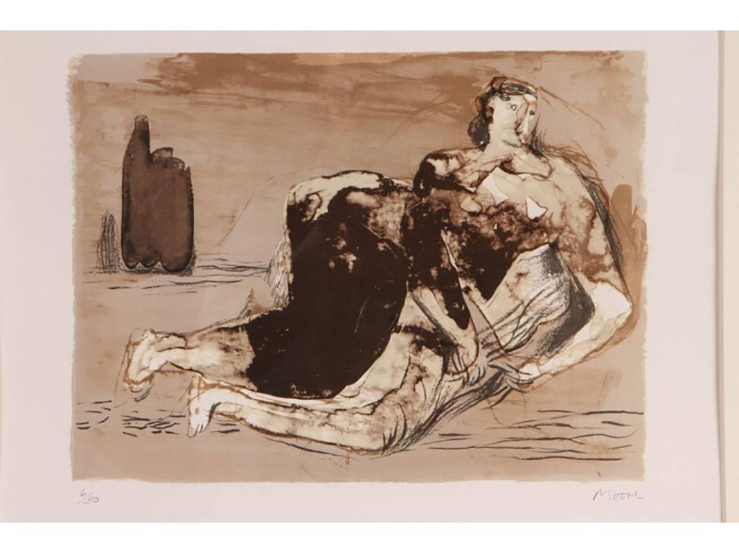 Mid-Century Modern Henry Moore 'British' Signed Lithograph of a Reclining Figure