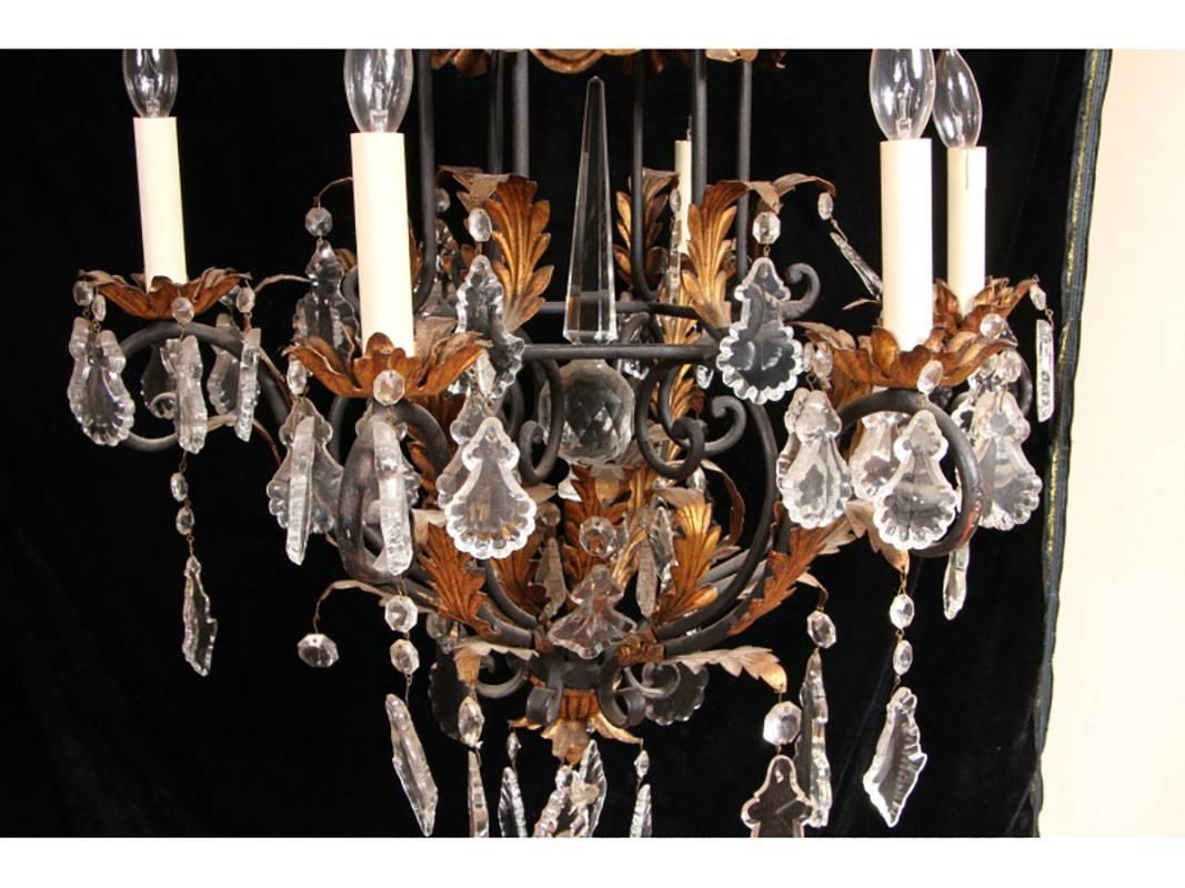 20th Century Large Vintage Foliate and Crystal Six-Light Chandelier