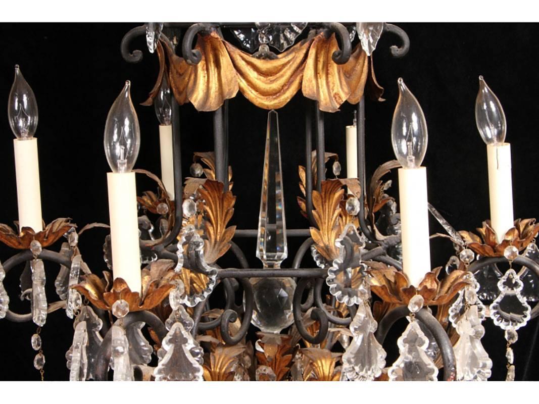 Large Vintage Foliate and Crystal Six-Light Chandelier In Excellent Condition In Bridgeport, CT
