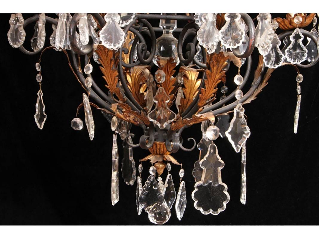 Hollywood Regency Large Vintage Foliate and Crystal Six-Light Chandelier