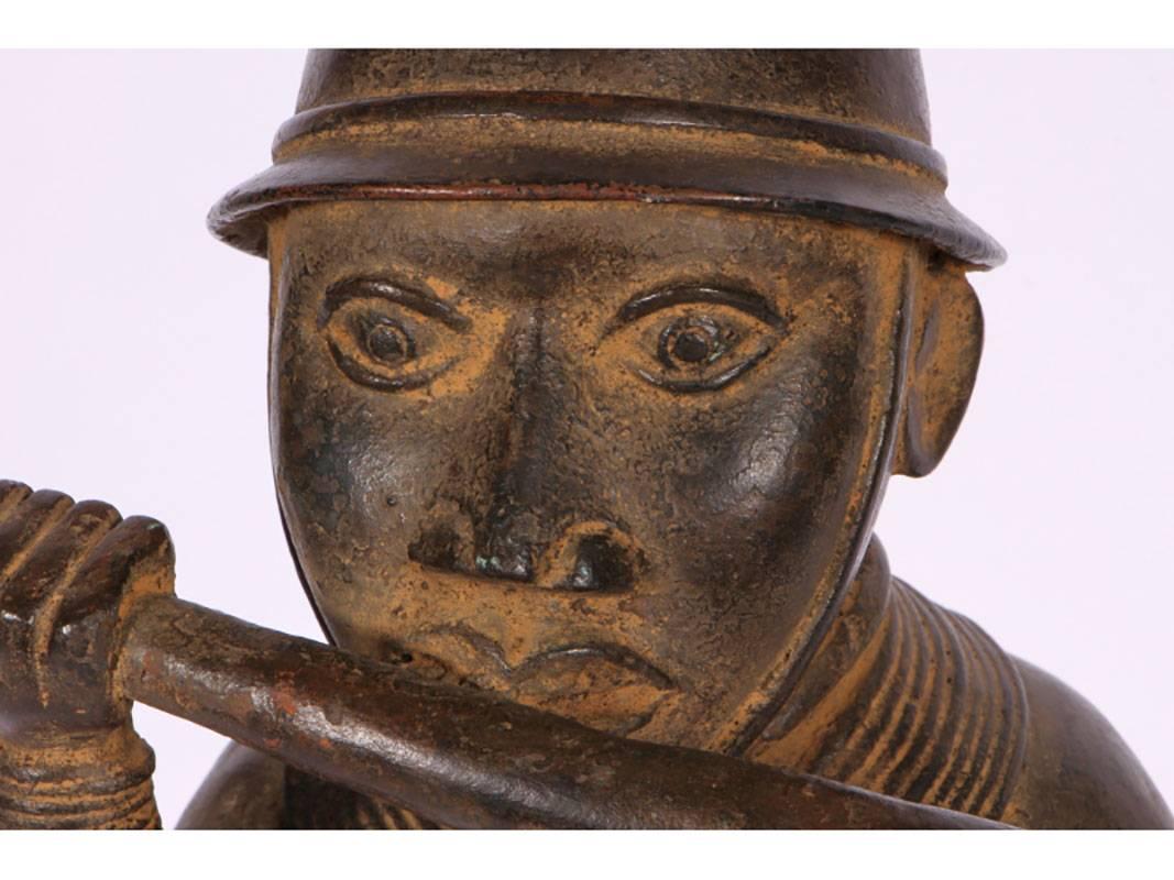 Cast African Benin Style Bronze Figure of an Oliphant Player