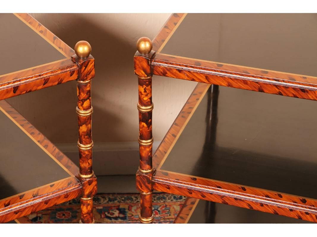 Hollywood Regency Pair of Faux Tortoise Tri Level Side Tables