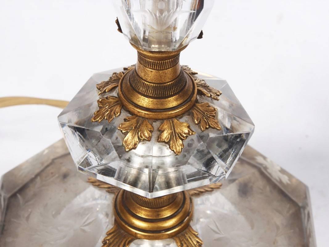 Antique Etched Crystal Lamps with Ornate Cast Bronze, Likely Caldwell In Good Condition In Bridgeport, CT