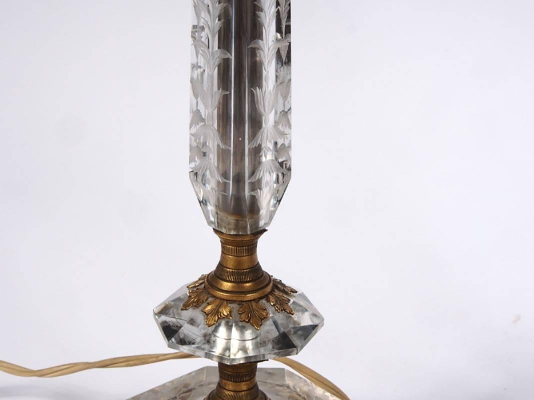 Antique Etched Crystal Lamps with Ornate Cast Bronze, Likely Caldwell 1