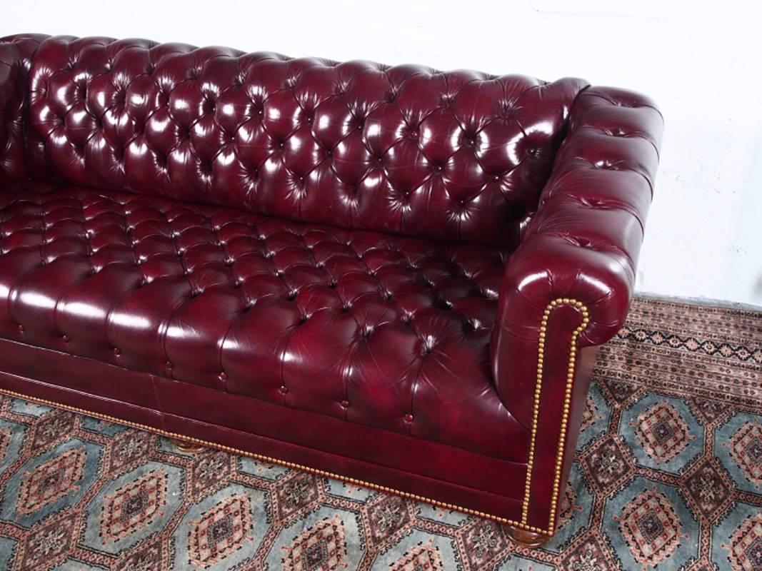 American Pair of Tufted Glazed Leather Chesterfield Sofas with Nailhead Trim