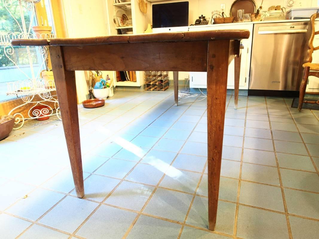 French Provincial Antique French Cherry Plank Top Farm Table with Drawer