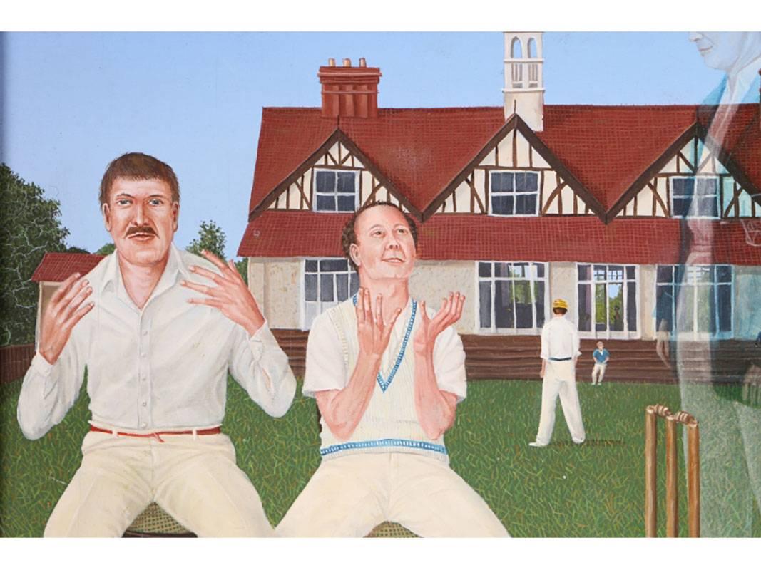 Surreal oil on board depicting two men sitting outside the cricket country club performing levitation while a spirit is conjured up on the right side. Signed lower right, James Grainger. Signed and titled and dated on verso along with Portal Gallery