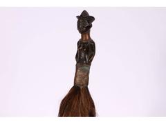 African Carved Wood and Copper Horse Hair Fly Whisk