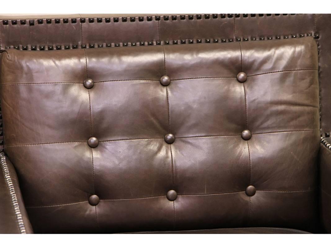 Pair of Brown Leather Tufted Club Chairs with Nail Head Trim 1