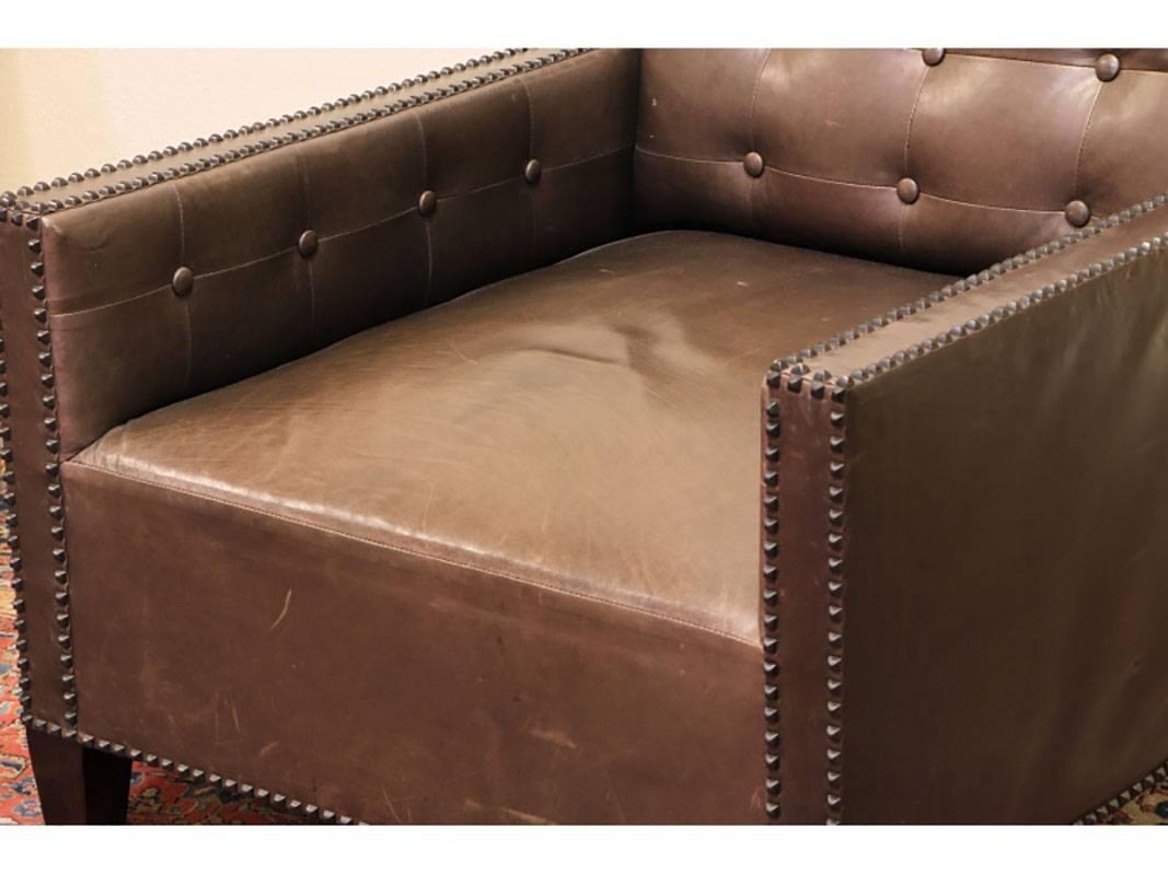 Pair of Brown Leather Tufted Club Chairs with Nail Head Trim In Good Condition In Bridgeport, CT