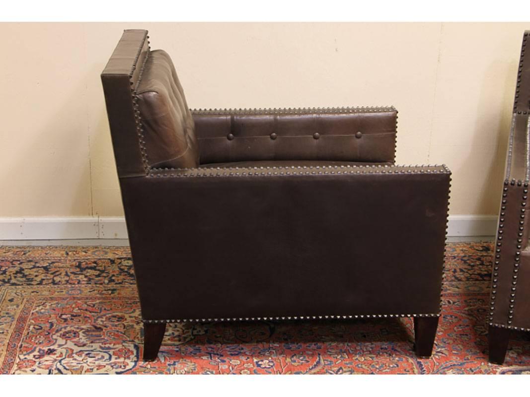 Pair of Brown Leather Tufted Club Chairs with Nail Head Trim 4