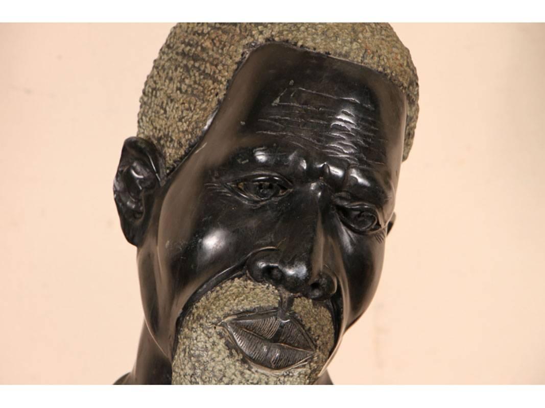 Carved Black Stone Bust of a Tribal Bearded Elder In Good Condition In Bridgeport, CT