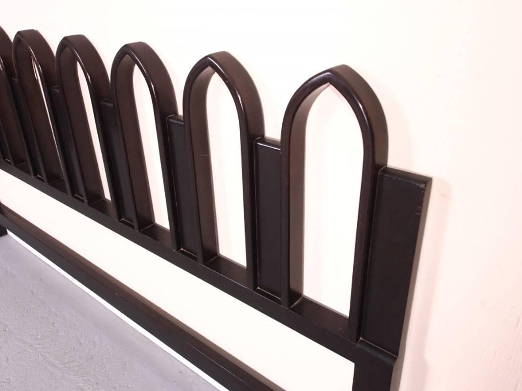 Harvey Probber designed kind-sized headboard in a picket fence design. Black lacquer finish. In very good condition.